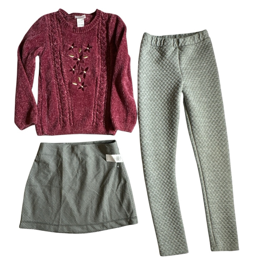 NWT herringbone skirt, nwot little lass sweater, EUC Bella bliss quilted pant 8